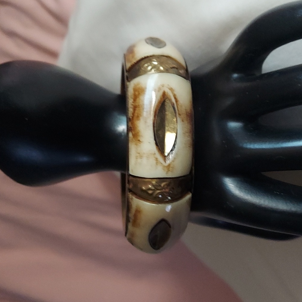 Vintage Brass Bovine Bone Inlay Chunky Bangle Bracelet